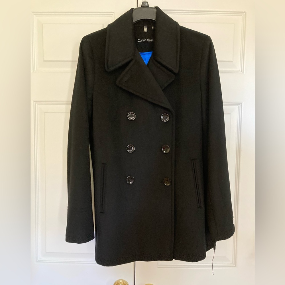 Beautiful Calvin Klein Black Pleated Pea Coat, Size 10, NWT